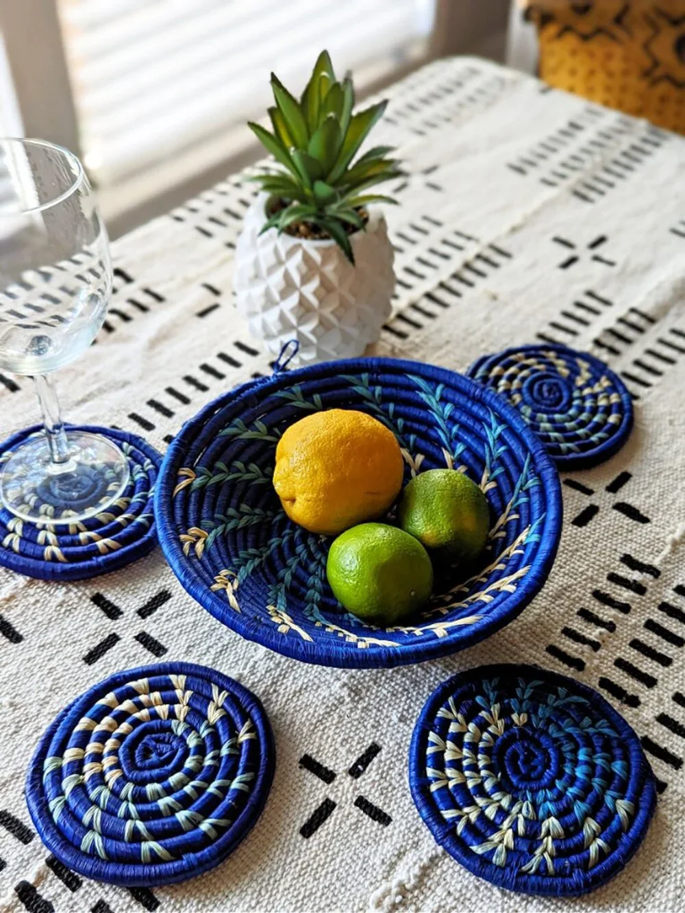 Blue Woven Raffia Grass Drink Coasters Set of 4 | Bohemian African Decor